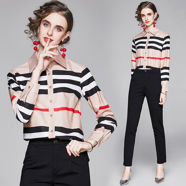 

latest fashion designer striped shirts runway women's printed blouses classic long sleeve spring autumn ladies button shirt office slim, White
