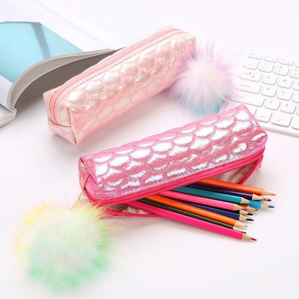 

pencil bags student fleecy hairball large capacity case bag 1pc stationery zipper pouch pen for kids estuches 20july21
