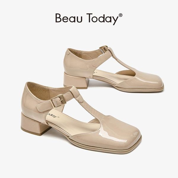 

dress shoes beautoday lolita women patent leather square toe t-strap vintage pumps metal buckle ladies mid heel handmade 31204, Black