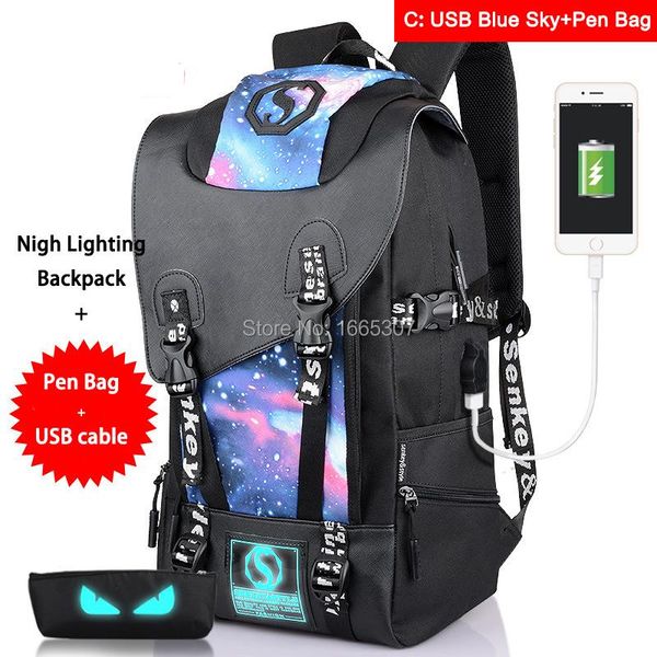 

backpack [do drop ]c fashion large capacity men women travel school teenagers luminous backpacks with pen bag + usb cable