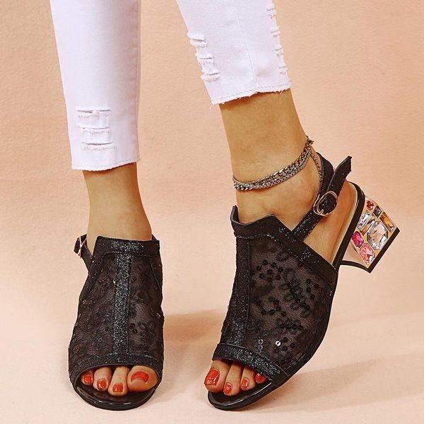 

rimocy fashion sequin crystal square heels sandals women 2021 breathable mesh ankle buckle sandalias woman plus size footwear 43, Black