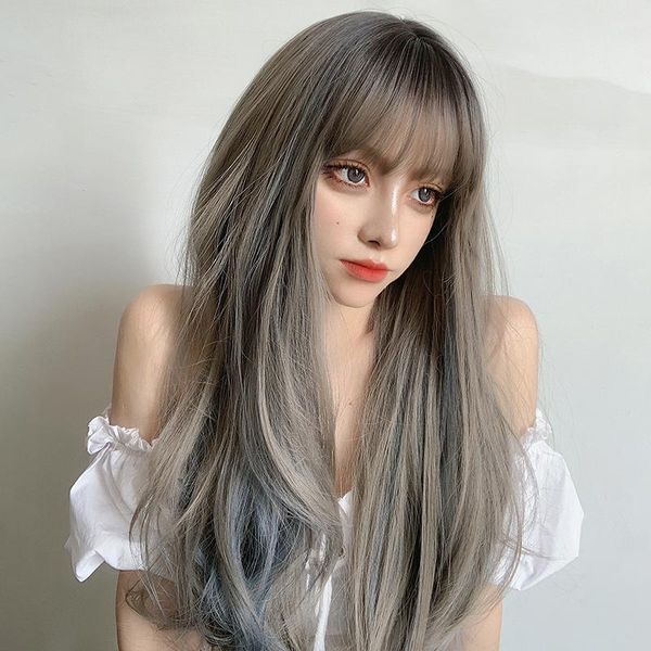

synthetic wigs lanlan highlights long wavy hair haze blue wig gradient lolita daily role play heat resistant, Black