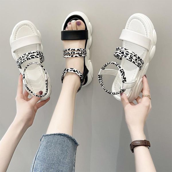 

sandals women's leopard thick bottom summer ladies platform open toe ankle elastic femlae casual beach comfort shoes 2021, Black