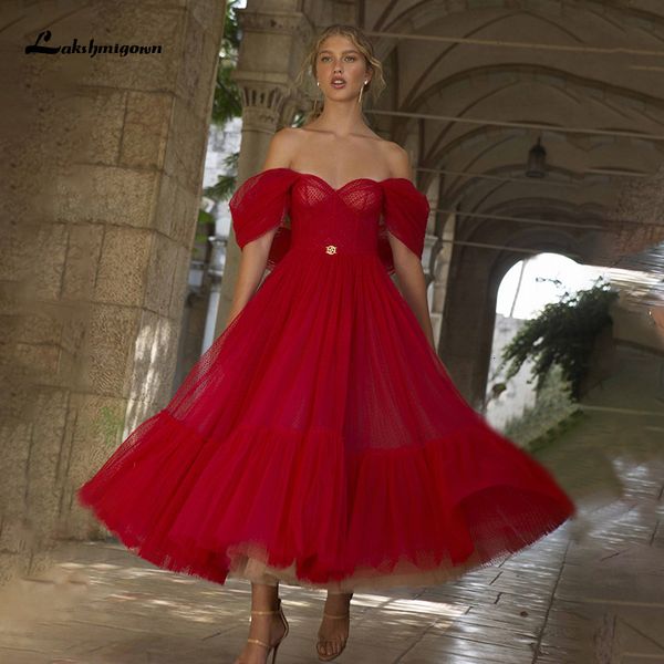 

2021 new red/burgundy off shoulder a line wedding robe mariee sweetheart tea length tulle bridal gown vestido de novia tuy7, White
