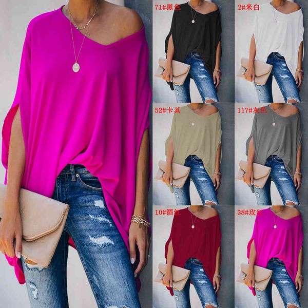 

2021 new home bat sleeve t-shirt ins loose holiday v-neck multicolor top, White
