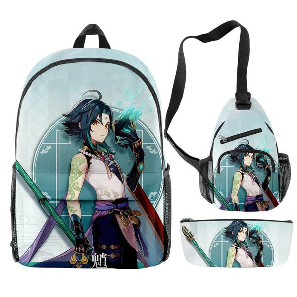 

backpack 3pcs/set genshin impact primary middle school students boys girls travel crossbody bag pencil case kids