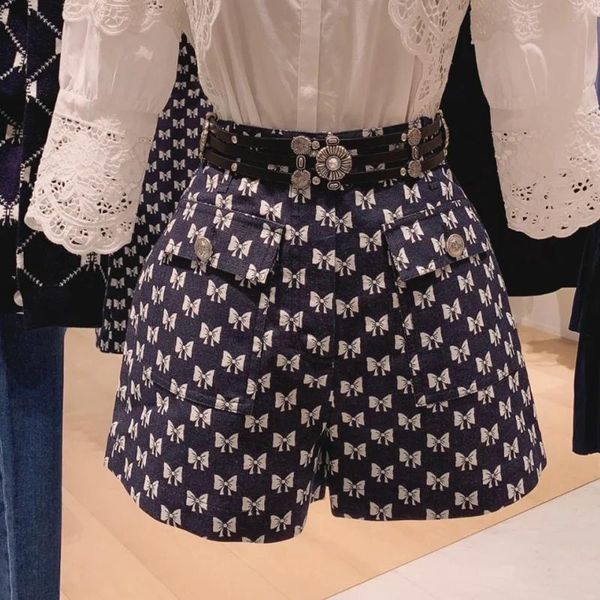 

women's shorts women bow print vintage high waist french brand elegant ladies, White;black