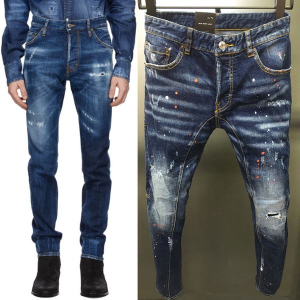 

men bleached wash denim tight bottom jeans worn-out fade whiskering effect vintage cowboy pants for male, Blue