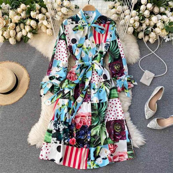

spring fashion hawaii floral plaid printted mid-calf dress women bow tie single-breasted sashes long flare sleeve holiday 210602, Black;gray