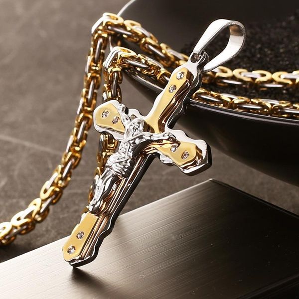 

chains jewelry men's byzantine gold and silver stainless steel christ jesus cross pendant necklace chain fashion cool