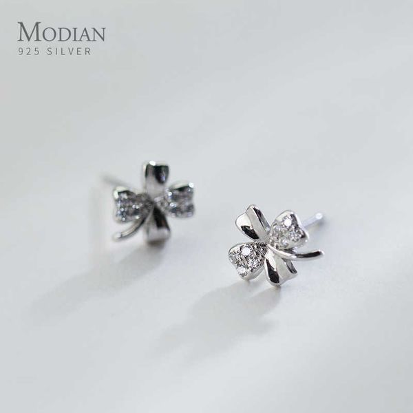 925 Sterling Silver Clear CZ Trevo Brincos Para As Mulheres Real Planta Ear Studs Fine Jewelry Brincos 210707