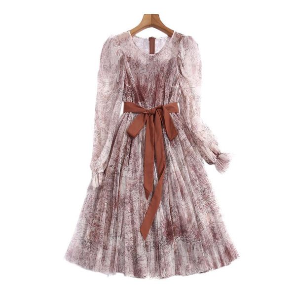 

casual dresses runway spring summer women's net gauze printing long sleeve party vacation vintage fashion elegant midi dress, Black;gray