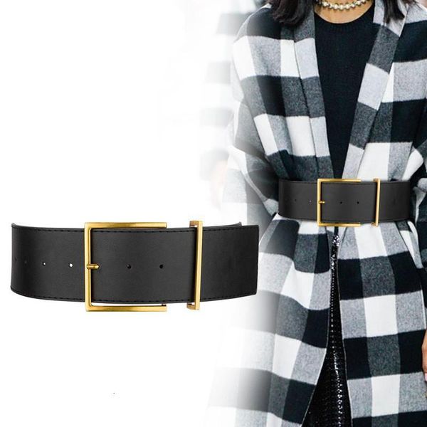

designer fashion women wide belt vintage gold big metal pin buckle waistbands female black pu leather belts dress coat waist corset strap, Black;brown