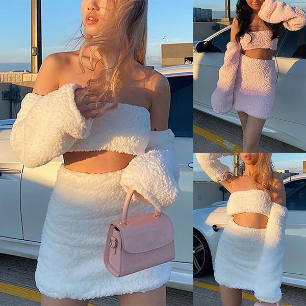 

women fashion effen color long mouw chest coated pluche rok slender pak mode streetwear tshirt training suit bodycon sexy, Gray