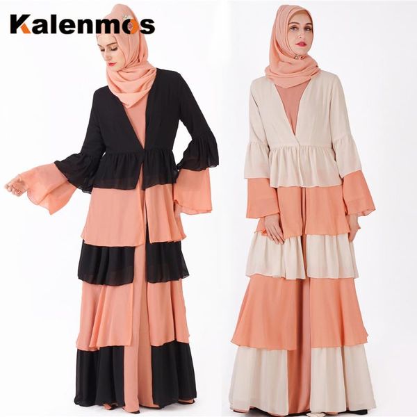 

casual dresses muslim kimono kaftan abaya dress ruffle draped multi layer cake hijab women outwear long robes dubai arab islamic clothing, Black;gray