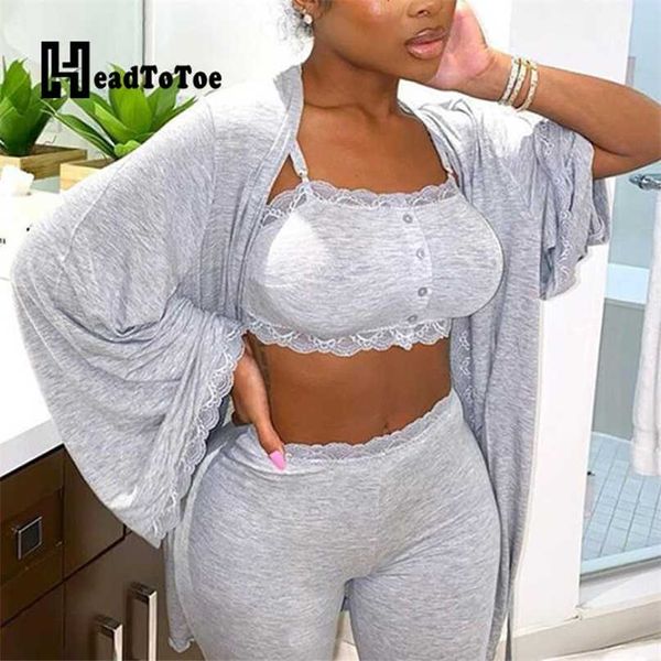 Feste Spitze Häkel-BH Crop Tops dünne Hosen vorne offen lange Mäntel Set Loungewear Casual Frauen 3 Stück 211105