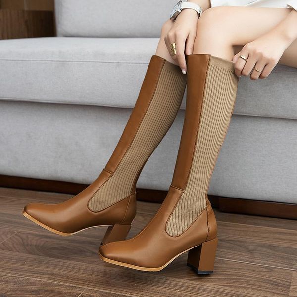

boots genuine leather knitting women knee high woman square toe long heel party wedding shoes, Black