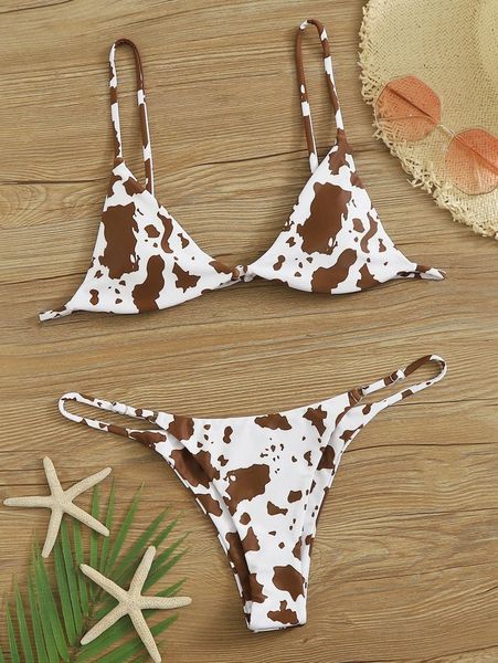 

allover print triangle tanga bikini swimsuit 5166#, White;black