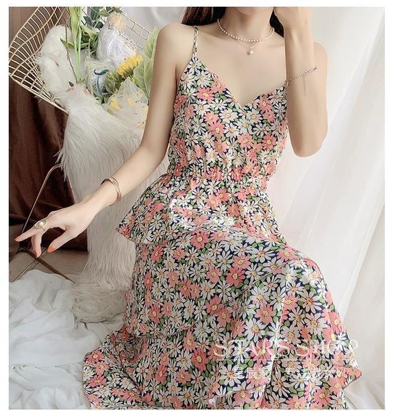 

female summer two-piece outfit woman dress vestido casual dress long sleeve chiffon spaghetti-strap floral print dress, Black;gray