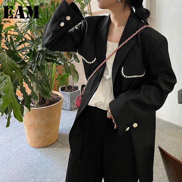 

women's suits & blazers [eam] women black pearl spliced big size blazer lapel long sleeve loose fit jacket fashion tide spring autumn 2, White;black