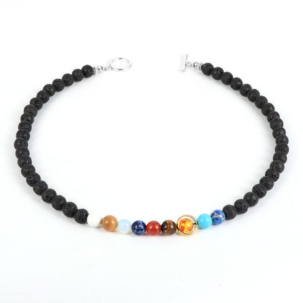 

women men natural stone universe 8 planets lava rock beads stand necklace galaxy solar system ot buckle clavicle chain jewelry, Golden;silver