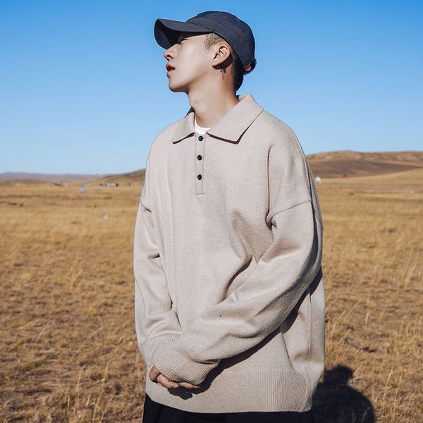 

2021 new korean lapel sweater men's warm fashion casual knitted pullover men wild loose winter knitting sweaters mens clothes -2xl td8, White;black