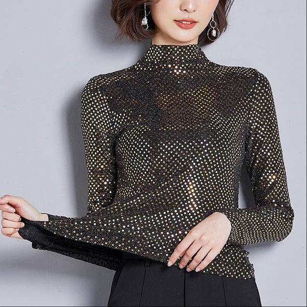 

new 2021 spring women blouses half turtle neck fashion sequin embroidered long sleeved fashion casual shirt plus size 3xl 314b, White