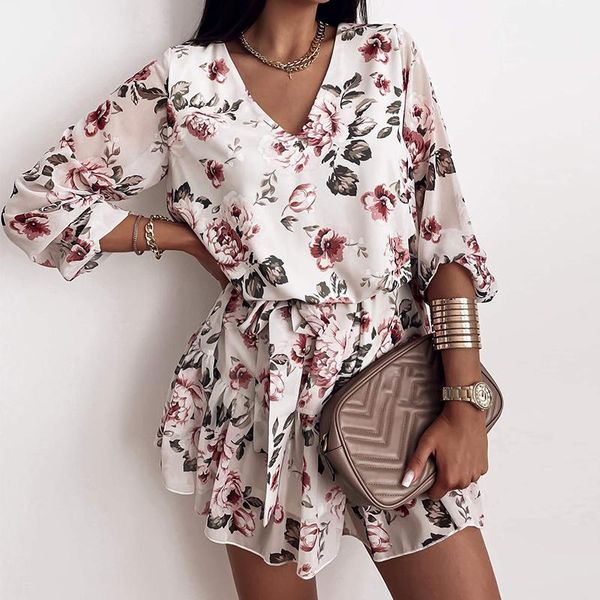 

casual dresses flower print dress women chiffon boho long sleeve woemn summer v neck slim party ladies vestidos, Black;gray