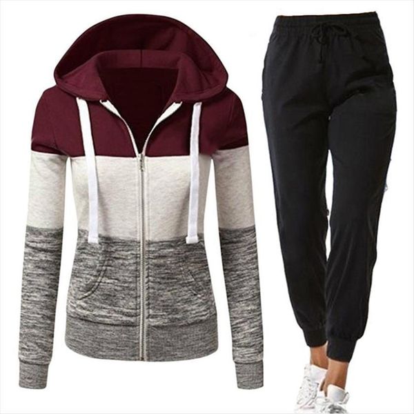 

2 piece set tracksuit zipper womens pants patchwork jacket hoodies sportwear sports suit autumn female clothes, White