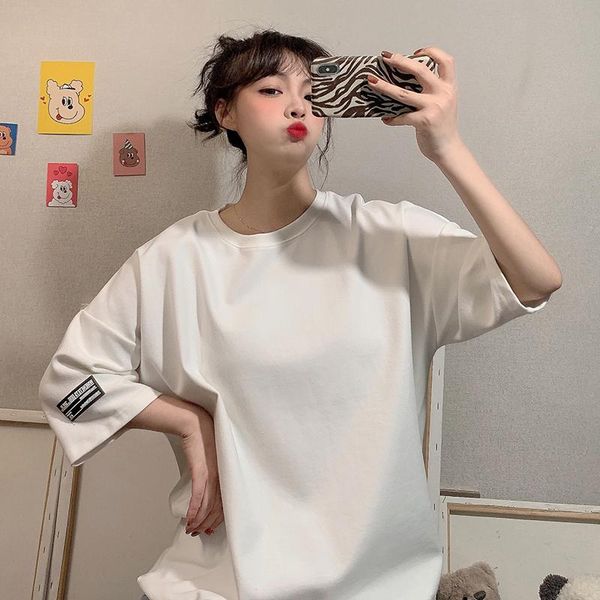 

women's t-shirt 2021 loose women korean harajuku solid summer all-matching bottoming shirt casual short sleeve cotton t-shirts, White