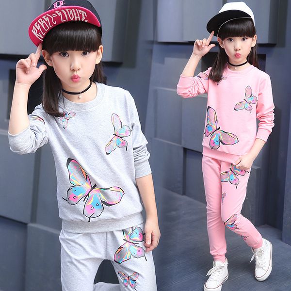 

autumn baby girls casual children clothes set suits butterfly long sleeve shirt+pants fashion sports kids girl clothing sets 210225, White