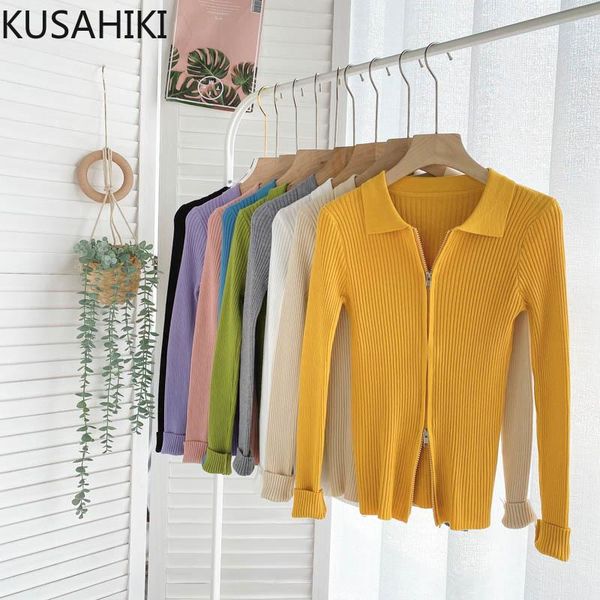 

women's knits & tees kusahiki chic zipper cropped cardigan 2021 autumn knitted long sleeve elegant slim turn-down collar knitwear 6k92, White
