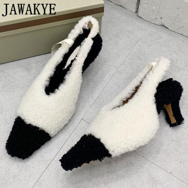 

fur sandals women pumps girl's designer white wool mules slingback shoes ladies brand high heel sandals women party shoes, Black