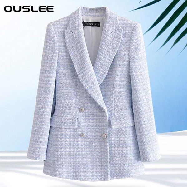 

women's suits & blazers ouslee spring autumn women vintage double breasted tweed check blazer coat long sleeve pockets female outerwear, White;black