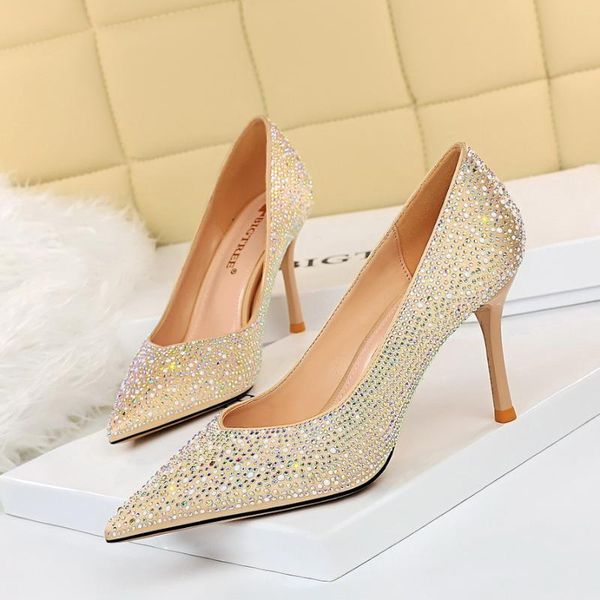 

dress shoes 2021 autumn luxury women 8.5cm thin high heels sliver pumps bling crystal rose gold sequin lady bride wedding, Black