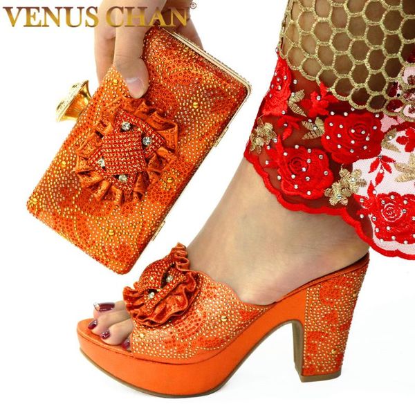 

dress shoes 2021 nigerian elegant women and bag set full of rhinestone mixing metal decoration in orange color for party, Black