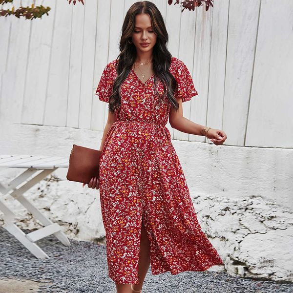 

red dress for women v neck bohemian floral print ruffle swing dresses, Black;gray