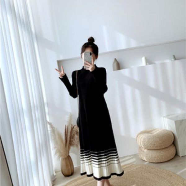 

casual dresses contrast color long sleeve dress women o neck a line autumn arrival office ladies korean style sweater, Black;gray