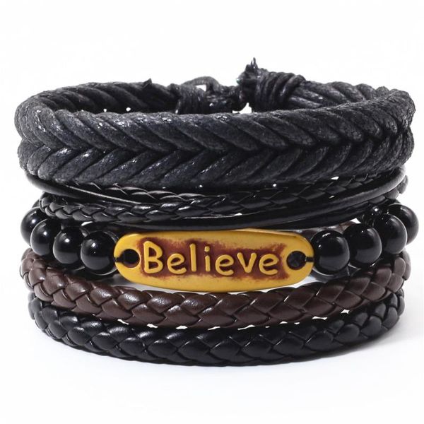 

charm bracelets believe beads ethnic 4 pcs/set handmade woven men leather women vintage bangle male homme jewelry accessories, Golden;silver