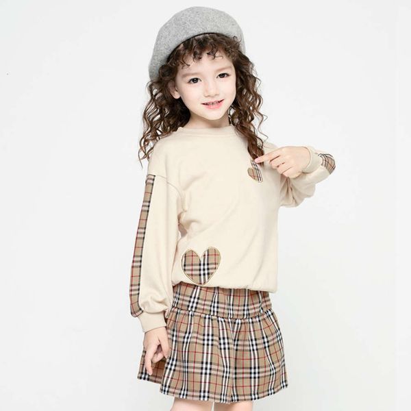 

paste 2021 spring new college style love cloth sweater + plaid skirt two piece children's suit, White