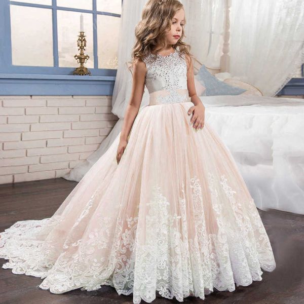 Детские платья для девочек свадебное платье Элегантная девочка-девочка-подросток вечеринка Princess длинный кружевной вышитый костюм 4 6 8 10 14 года Q0716