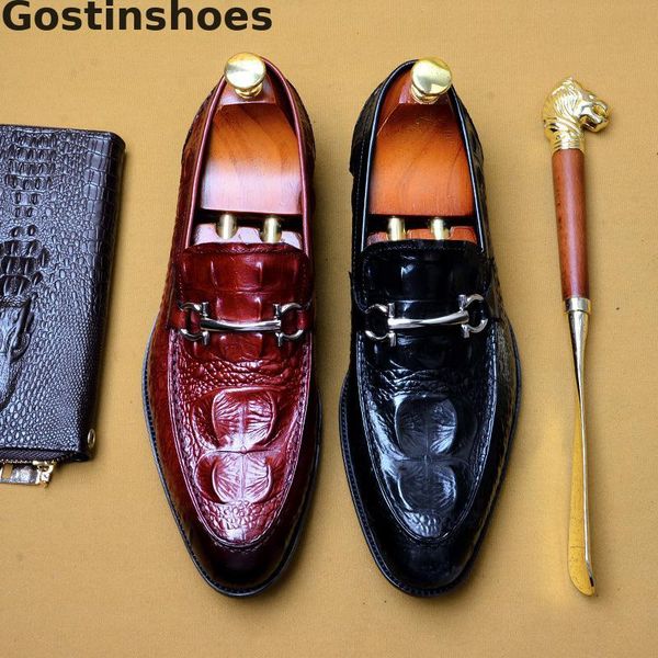 

dress shoes men genuine leather black brown crocodile skin printed luxury slip-on metal decorated formal