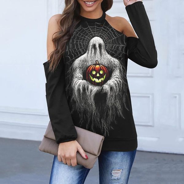 

women's t-shirt women skull t-shirts off shoulder halloween hollow out long sleeve spring autumn female harajuku shirt camisetas mujer, White