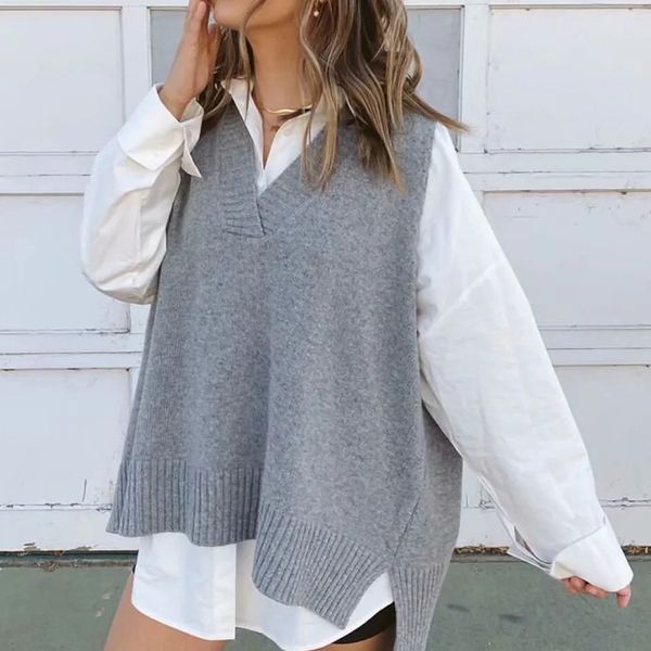 

2021 new spring v neck women solid autumn sleeveless sweater pullovers grey female casual knitwear chic vest vzc0, White;black