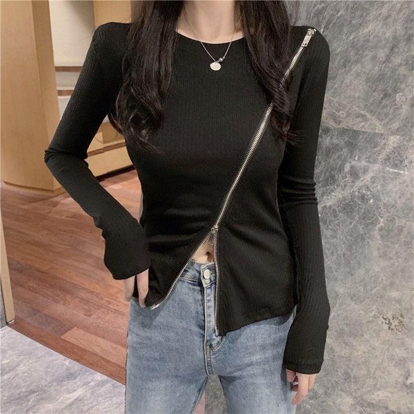 

woman tshirts women's cotton long-sleeve zipper t-shirt autumn mujer camisetas, White