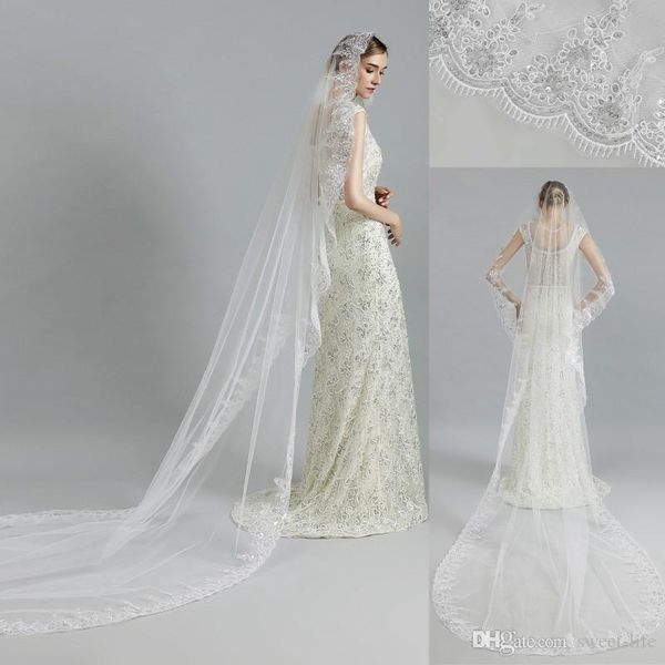 

bridal veils white ivory tulle no comb sequins lace 1 layer cathedral beautiful veil for wedding bride 3m engagement accessories, Black