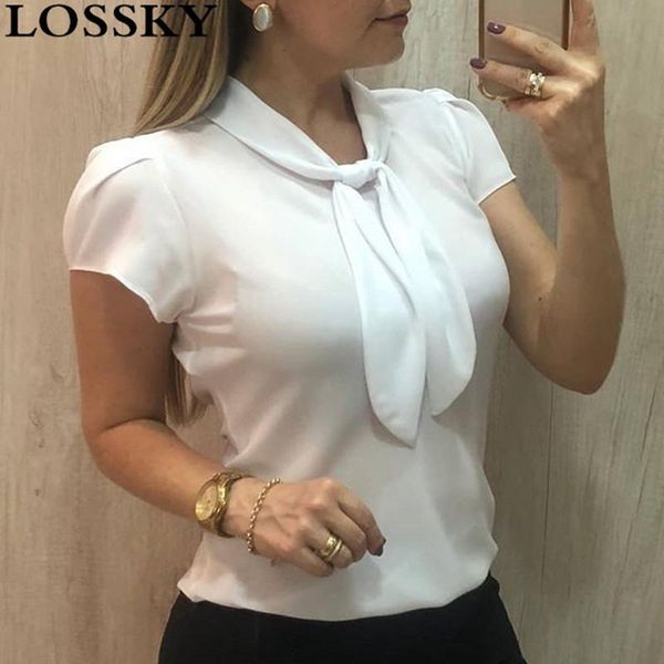 

2021 white chiffon bow blouse shirt casual short sleeve elegant women's office ladies shirts blouses plus size work blusas