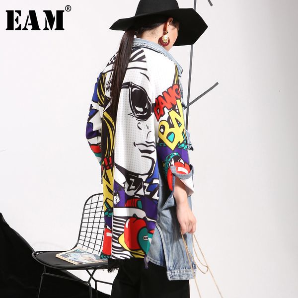 

eam] loose fit back pattern printed denim big size long jacket new lapel long sleeve women coat fashion tide spring w0145 201020, Black;brown