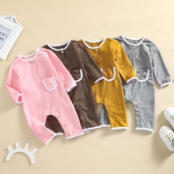 

jumpsuits soft cotton born baby casual long sleeve romper with pocket autumn spring infant girls boys solid color jumpsuit clothes, Blue
