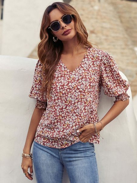 

ditsy floral print v-neck shirred cuff blouse e6ou#, White